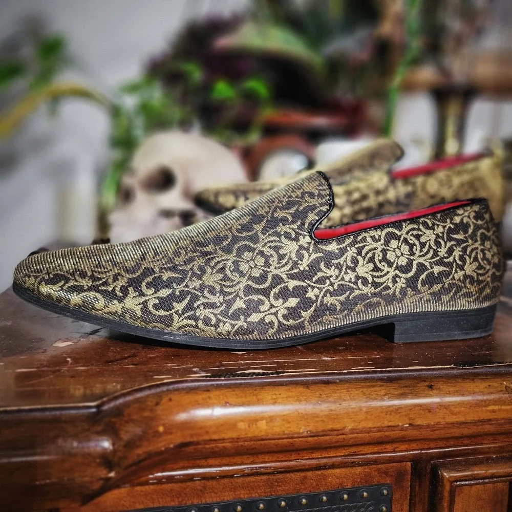 Henry Ferrera Gold Black Brocade‎ Smoking Loafers Slip On Dress Shoes Men's 10.5